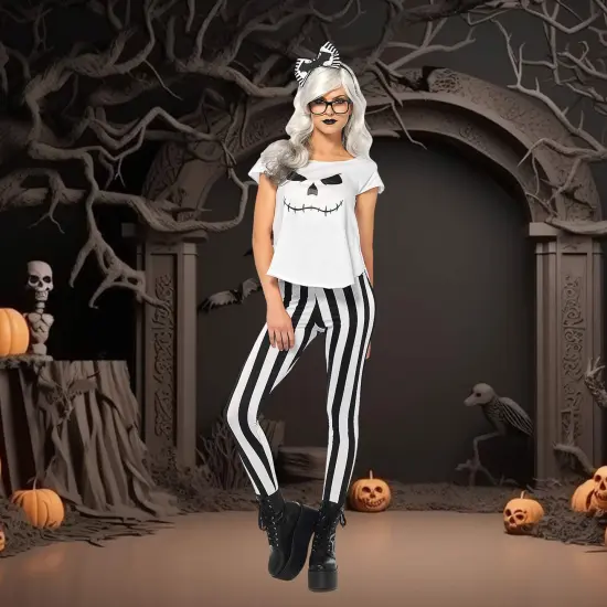 Women's Skeleton Hipster Costume Halloween Modern Skull T-Shirt Striped Leggings Dress Up Set {1}