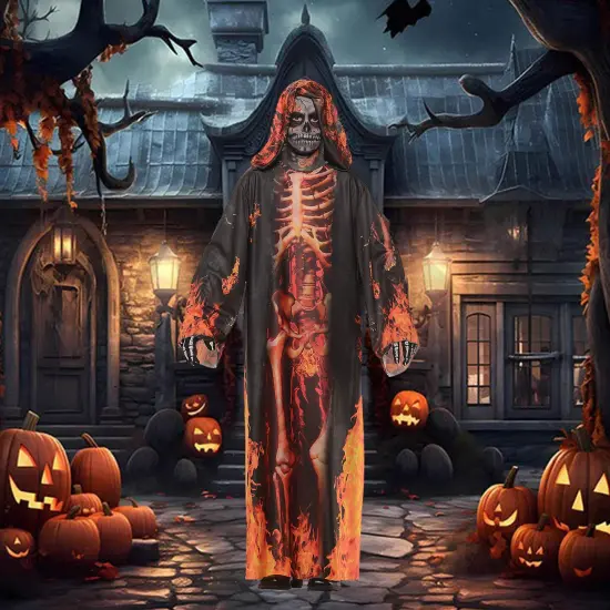 Boy's Underworld Skeleton Robe Costume with Hooded Flame Print {1}