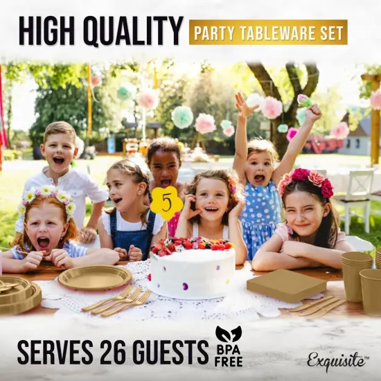 Exquisite 182 Pcs Plastic Plates for Party &ndash; Disposable Plates Set &ndash; 26 Each of 9" Dinner Plates, 7" Dessert Plates, Plastic Cups, Napkins & Plastic Cutlery &ndash; Plastic Dinnerware by Party Solids Gold {6}