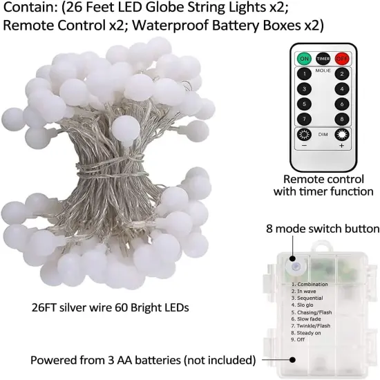 2-Pack Battery Operated LED Globe String Lights - 52FT, 120LEDs {4}