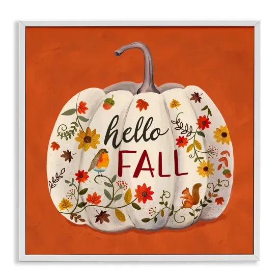 Hello Fall Patterned White Pumpkin Floral Botanicals Framed Giclee Art Black {7}