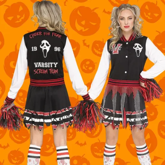 Scream for the Team Cheerleader Costume Adult Medium Large Halloween Varsity Dress Ghost Face Socks Pom Poms {2}