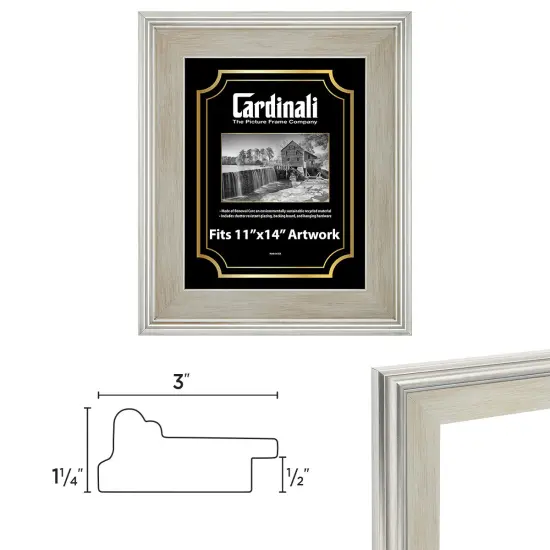 Cardinali Plein Air, Silver 11x14" Picture Frame with Acrylic Glazing & Cardboard Backing, for Photography or Canvas Frame, 3 Wide Moulding, 1/2 Rabbet Depth, D-Ring Hangers Included {4}