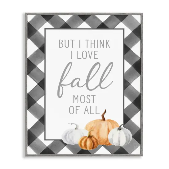 Love Fall Festive Phrase Autumn Plaid BorderFramed Giclee Art Gray {1}