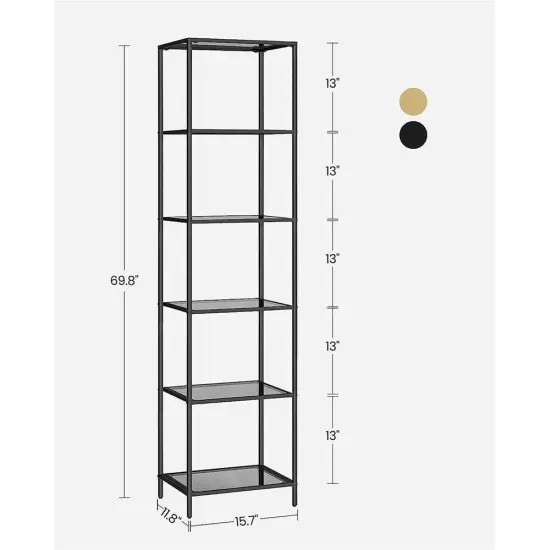 Narrow Glass Shelf Bookcase with Steel Frame for Bedroom Living Room Office Bathroom Storage {3}