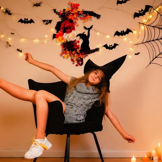 Cat Halloween Door Wreath White Rose Moon Cat Grapevine Wreath - Orange {3}