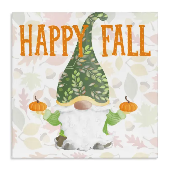 Happy Fall Patterned Gnome Holding Orange PumpkinsCanvas Art {1}