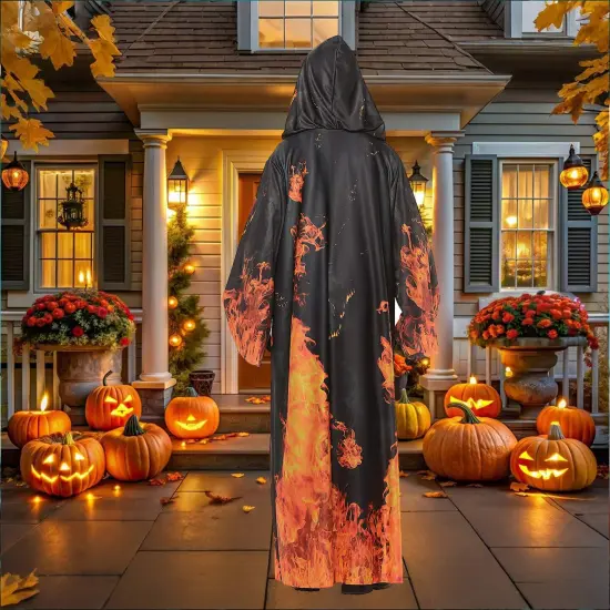 Boy's Underworld Skeleton Robe Costume with Hooded Flame Print {5}