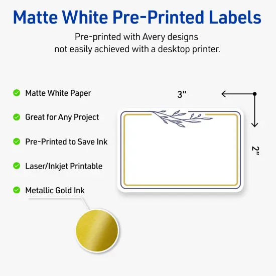 Avery Printable Rectangle Labels, Gold & Navy Border with Florals, 2" x 3", Matte White Rectangle Labels, Permanent, Laser/Inkjet, 80ct, Great for Product Labels {2}