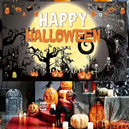 Happy Halloween Theme Fabric Sign Poster Banner Backdrop with Pumpkin {3}
