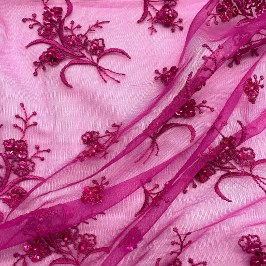 1 Yard Dazzling Beaded Lace Fabric Embroidered on 100% Polyester Net Mesh 54 Inch Width Fuchsia {2}
