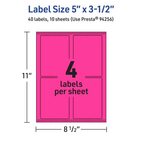 Avery Neon Magenta Paper Labels, 5" x 3.5" Rectangle {5}