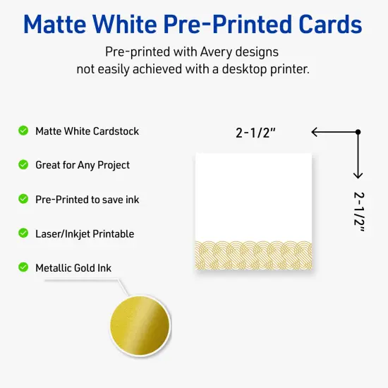 Avery Printable Square Business Cards with Sure Feed Technology, Pre-Printed Gold Lace Trim Pattern, Matte White, 2.5" x 2.5", Laser & Inkjet Compatible, 90 Total {2}