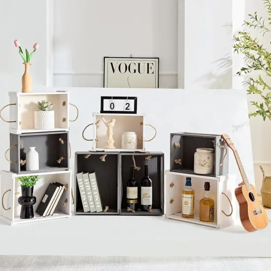 Farmhouse Crates for Storage and Display - Durable Wooden Box with Rope Handles, 2 Pack White Crates {5}