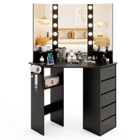 5 Drawers Corner Vanity Desk with LED Mirror and Charging Station Storage Shelves for Bedroom White {7}
