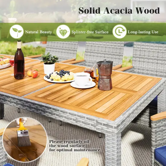 9 Pieces Patio Wicker Dining Set Including Ergonomic Armchairs with Cushions and Metal Frame Navy {6}