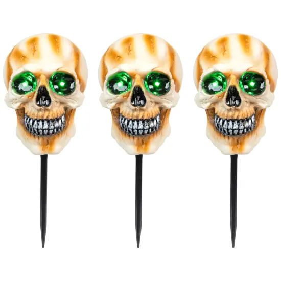Northlight LED Lighted Skeleton Head Halloween Outdoor Pathway Markers with Sound - 15" - Set of 3 White {3}