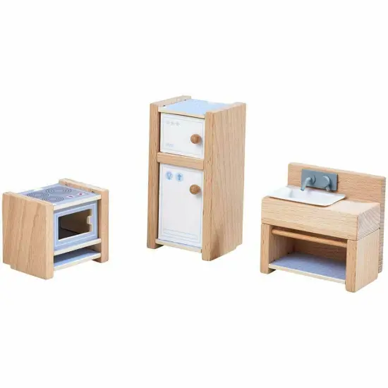 HABA Little Friends Kitchen Room Set - Wooden Dollhouse Furniture for 4" Bendy Dolls Multicolor {1}