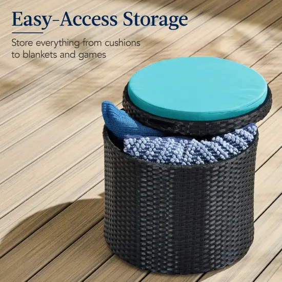 Best Choice Products Round Wicker Ottoman, Multipurpose Furniture w/ Removable Cushion, Steel Frame Black/Teal {3}