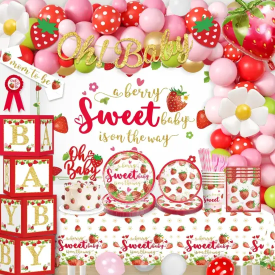 239pcs Strawberry Baby Shower Decorations for Sweet Girl (Red Pink and Gold) {1}