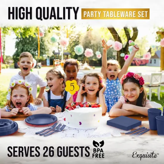 Exquisite 182 Pcs Plastic Plates for Party &ndash; Disposable Plates Set &ndash; 26 Each of 9" Dinner Plates, 7" Dessert Plates, Plastic Cups, Napkins & Plastic Cutlery &ndash; Plastic Dinnerware by Party Solids Navy {5}