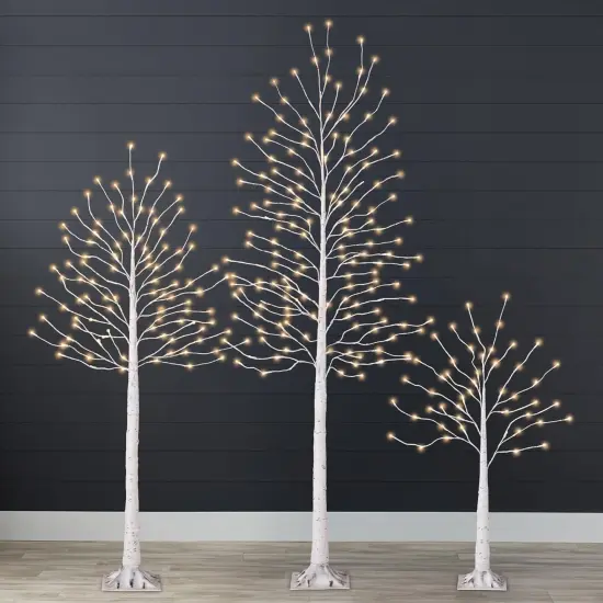 4ft, 6ft & 8ft Lighted Birch Tree Set, 3 Pack LED Trees with Remote, Color Options & Outdoor White {1}