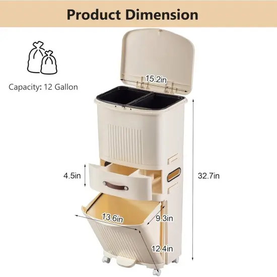 Cream Polypropylene Dual-Compartment Trash Can with Wheels, Foot Pedal and Pop-Up Lid {4}