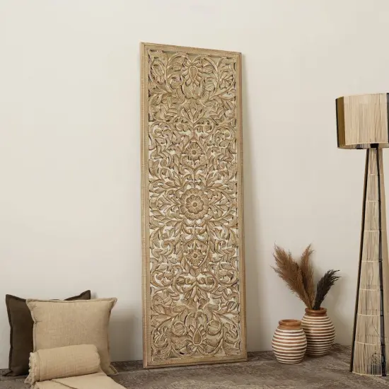 Wood Floral Hand Carved Wall Accent with Mirror Work - 24" x 71" {1}