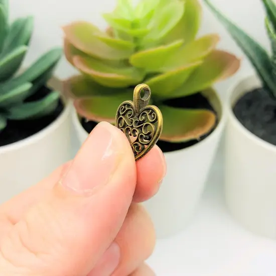 Bronze Filigree Scroll Heart Charms, 16x15mm {4}