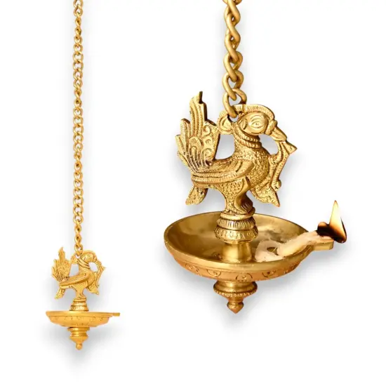 Brass Peacock Wall Hanging Diya with Chain Annam Hanging Idol Oil Lamp Diya for Home Temple Mandir Office Diwali Decor Kathu Vilakku Puja Diya - Deepawali Housewarming Return Gift {5}