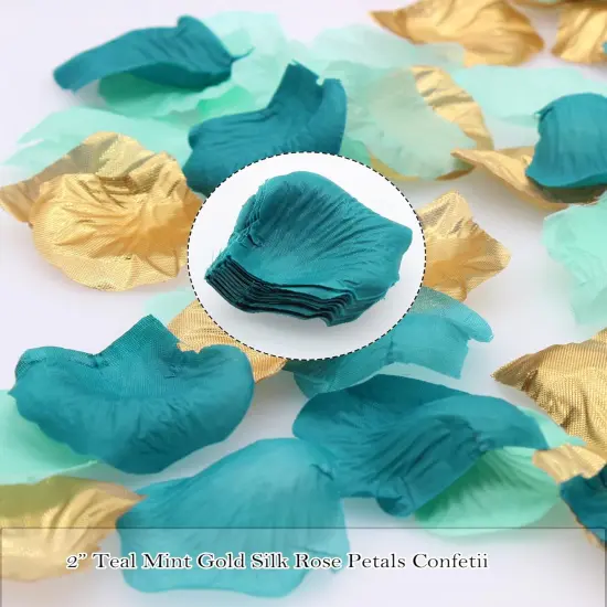900PCS Teal Aqua Mint Gold Silk Rose Flower Petals Party Confetti Table Centerpieces Scatters Baby Bridal Shower Wedding Favor Vase Filler Aisle Decoration {2}