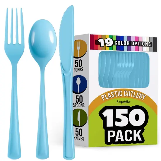 Exquisite Polished Plastic Silverware &ndash; 150 Pcs Heavy Duty Cutlery Set &ndash; 50 Each of Forks, Knives & Spoons &ndash; Disposable Utensil Set for Parties, Events & Catering &ndash; Flatware Set by Party Solids Light Blue {1}