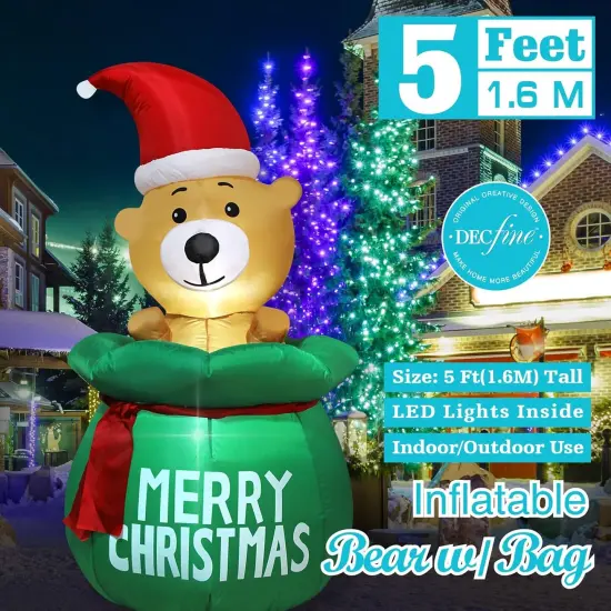 5 Feet Christmas Inflatable Bear with Santa's Bag Lighted Blow Up Christmas Yard Decoration with Built in Fan and Anchor Ropes (Bear with Gift Bag) {3}