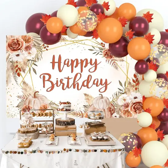 Pumpkin Birthday Banner Backdrop Boho Pumpkins Fall Floral {2}