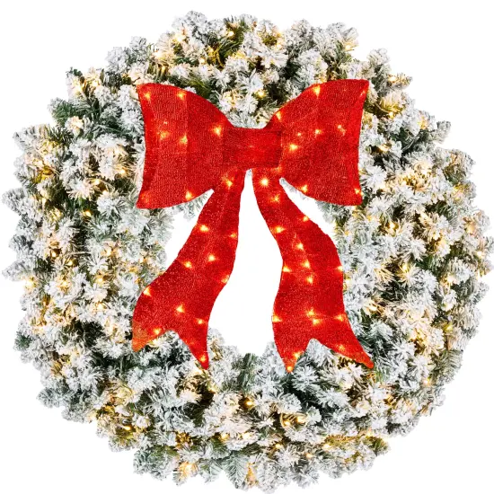 Best Choice Products Artificial Pre-Lit Flocked Fir Christmas Wreath D&eacute;cor w/ Red Bow, LED Lights, Tips, Plug-In {7}