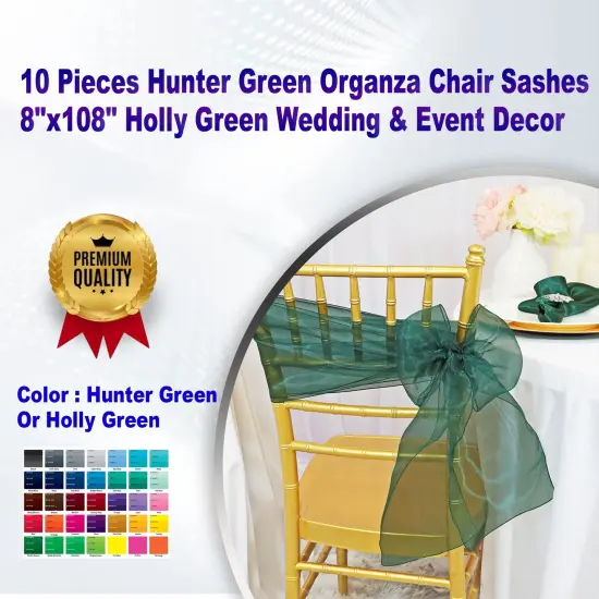 10 Pieces Hunter Green Organza Chair Sashes 8"x108" Holly Green Wedding & Event Decor {1}