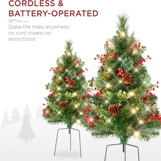 24.5in Pre-Lit Outdoor Christmas Trees, Battery Operated Holiday Pair with LED Lights Green W/Berries {5}