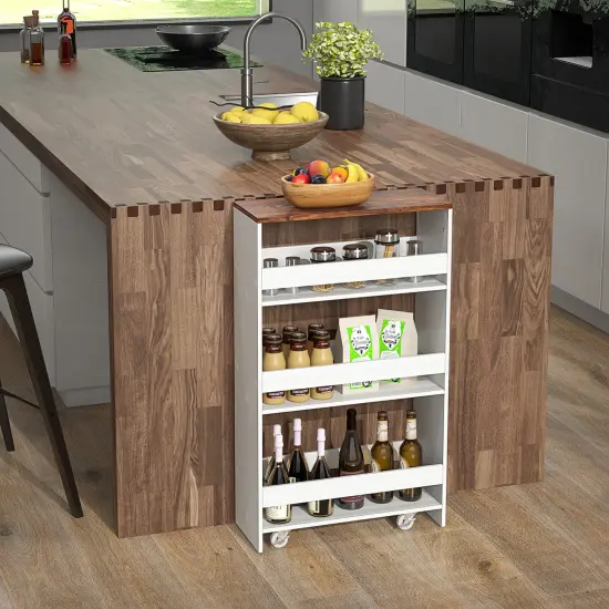 4-Tier Rolling Storage Cart Slim Kitchen Cart on Wheels with Open Shelves and Handle Rustic Brown {2}