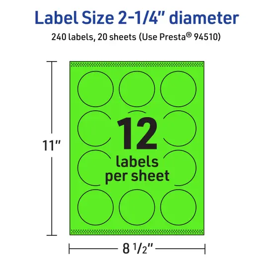 Avery Neon Green Paper Labels, 2.25" Diameter Round {5}