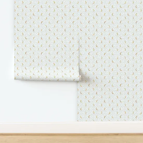 Peel & Stick Wallpaper 2FT Wide Celestial Moon Sweet Dreams Hand Drawn Stars Boho Baby Nursery Soft Pastel Green Golden Yellow Ochre Magical Sky Custom Removable Wallpaper by Spoonflower {2}