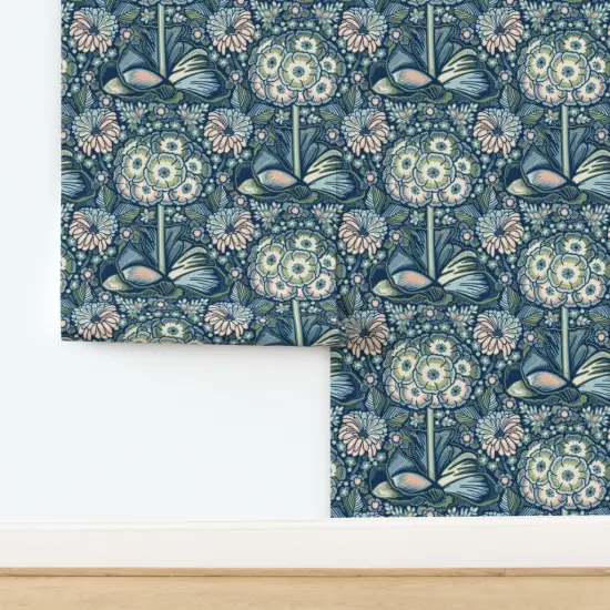 Pre-Pasted Wallpaper 2FT Wide Retro Bold Floral Maximalist Botanical Blue Green Flowers Nature Garden Blossom Modern Custom Pre-pasted Wallpaper by Spoonflower {2}