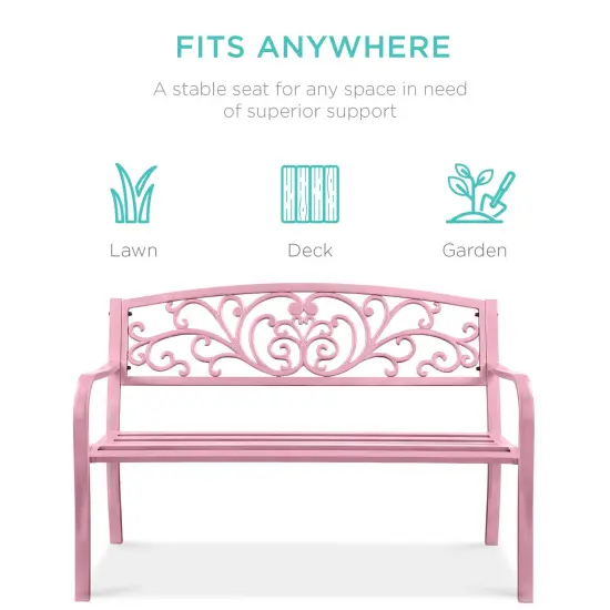 Best Choice Products Outdoor Steel Bench Garden Patio Porch Furniture w/ Floral Design Backrest Pink {3}