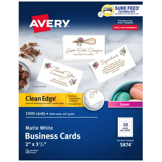 Avery Clean Edge Printable Business Cards with Sure Feed Technology, 2" x 3.5", White, 1,000 Blank Cards for Laser Printers (5874) {1}