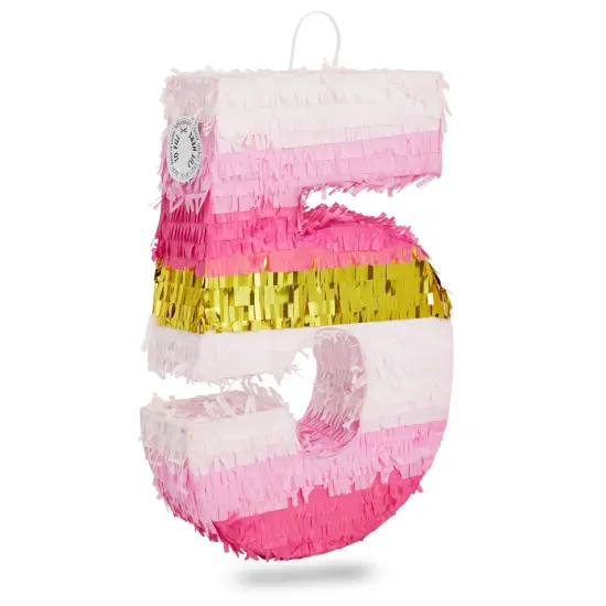 BLUE PANDA Number 5 Pinata, Pink and Gold Foil for Kids Ages 3-14 Birthday Party Decoration, Fiesta, Anniversary Celebration, Small (16.5 x 11.6 x 3 In) {1}