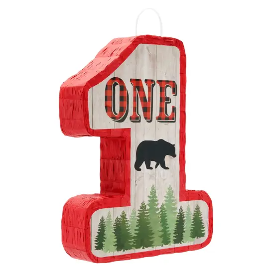 Number 1 Pinata for Kids Lumberjack First Birthday Decorations, Red/Black Buffalo Plaid (16.6 x 13 x 3 In) {1}
