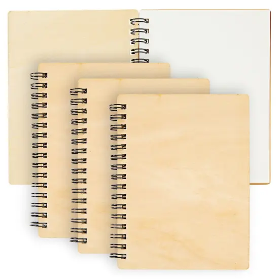 4 Pack Wooden Cover Notebook, Spiral Bound Unruled Plain DIY Craft Journal for Students, Sketches, Writing, Arts and Crafts, Note Taking, 20 Sheets Each (4.5 x 5.8 Inches) White {1}