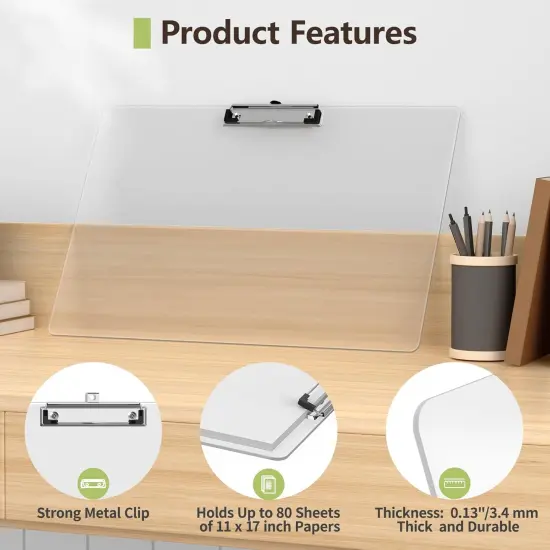 Extra Large Clipboard, 11 x 17 Clear Plastic Drawing Boards, Horizontal Clip Board, Landscape Layout, Suitable for Sketching, Watercolor. Drafting & Art Supply {2}