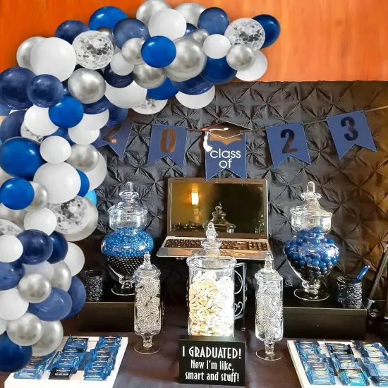 124pcs Blue Silver White Balloons Garland Arch Kit 5/10/12/18 Inch Royal Navy Blue White Metallic Silver Confetti Set for Birthday Wedding Graduation Party Father's Day Decor {2}