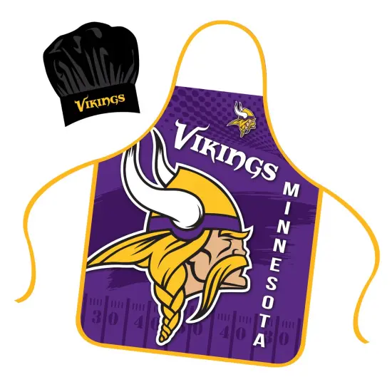 Mojo Licensing Minnesota Vikings Apron Chef Hat Set Full Color Universal Size Tie Back Grilling Tailgate BBQ Cooking Host {1}