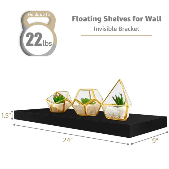 Sorbus Floating Shelves 3 Pack, 24-Inch Wall Mounted Shelves for Wall Decor and Storage with Invisible Brackets Black {2}
